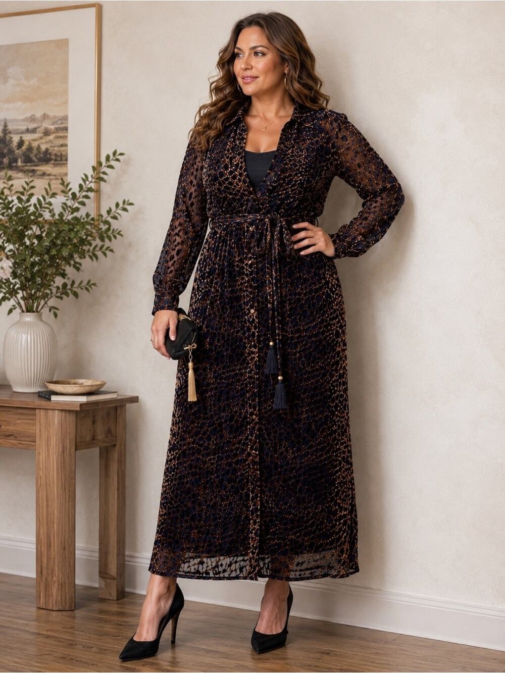 Soft Surroundings XL Leopard Burnout Maxi Shirt Dress Belted NWOT Boho Romantic
